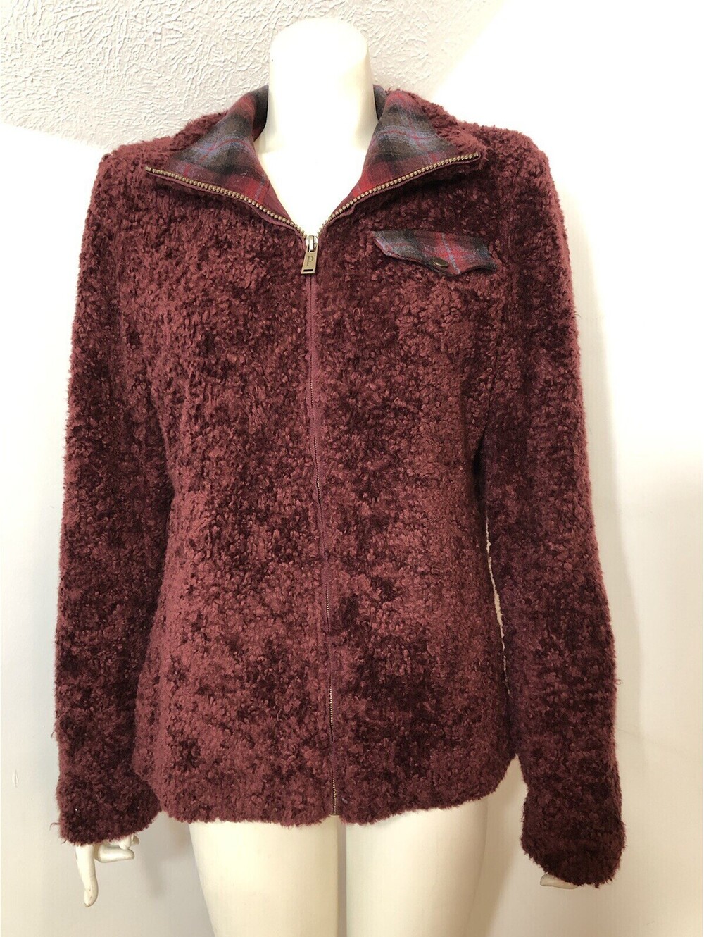 Pendleton Womens Small Burgundy High Pile Fleece Jacket Sherpa Fuzzy Lined Plaid
